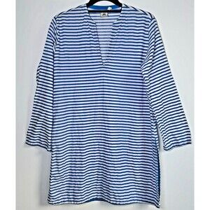 Toss Designs Womens Medium Tunic Top Blue White‎ Stripe Split Neck 3/4 Sleeve